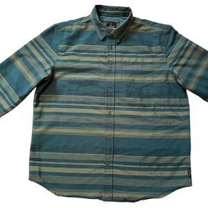 Prana Mens Large Long Sleeve Striped Button Down Shirt Teal Olive Green Textured